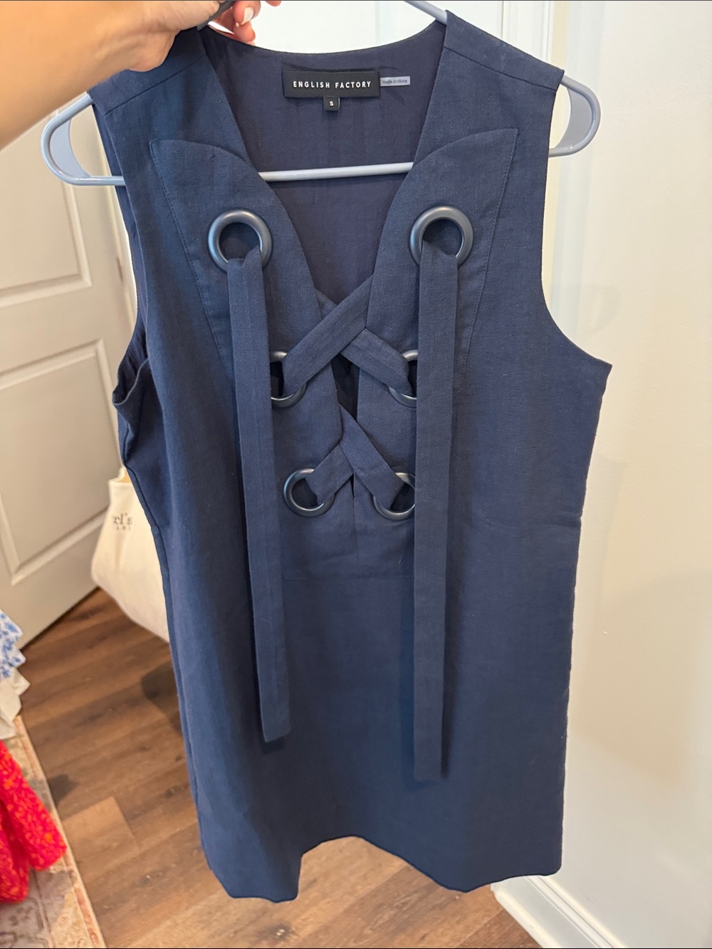 English Factory Navy Lace-Up Shift Mini Dress